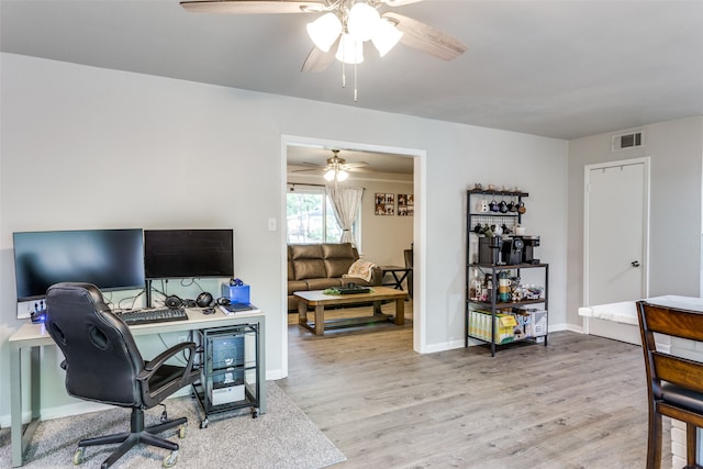 office area featuring light hardwood / wood-style floors and ceiling fan