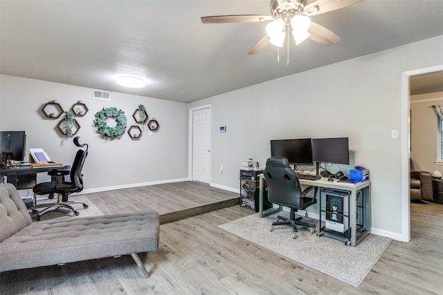 office space featuring ceiling fan and light hardwood / wood-style floors