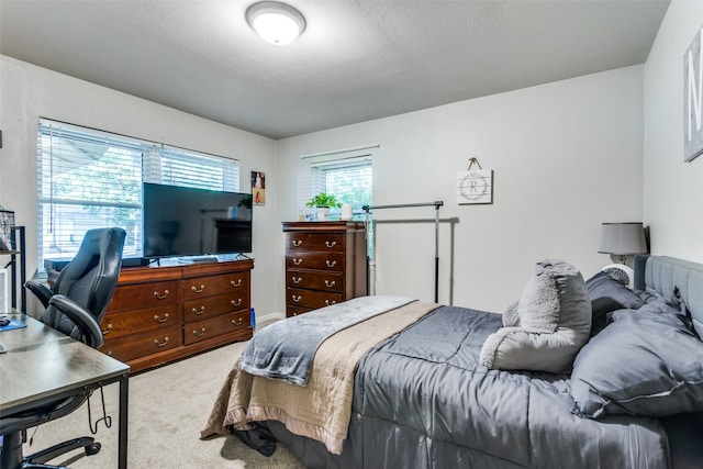 bedroom featuring multiple windows, a textured ceiling, and light carpet