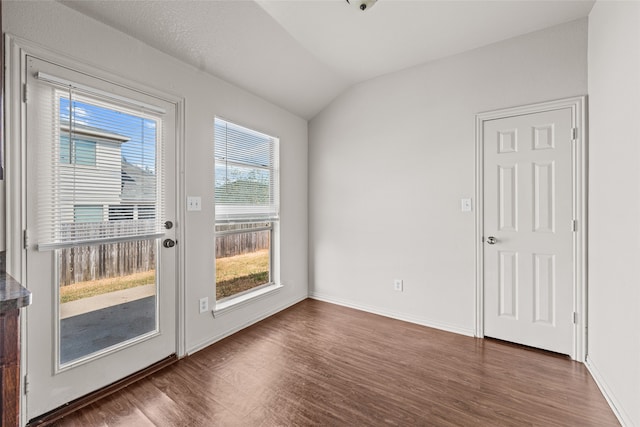 doorway to outside with vaulted ceiling and dark hardwood / wood-style flooring