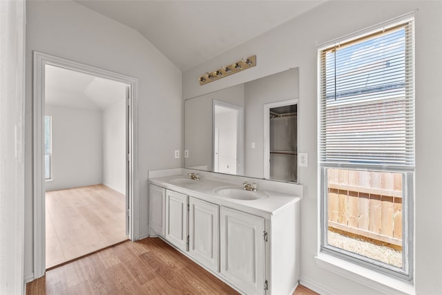 bathroom with vanity, lofted ceiling, a wealth of natural light, and hardwood / wood-style floors