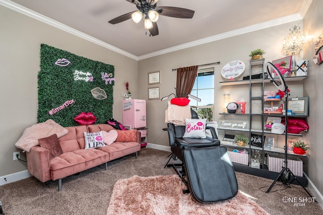 interior space with ceiling fan, crown molding, and carpet floors