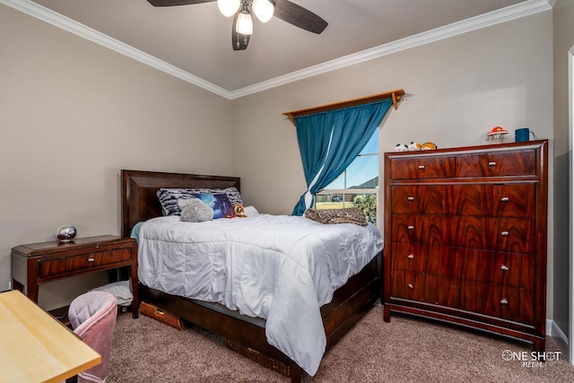 carpeted bedroom with ceiling fan and crown molding