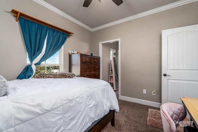 bedroom with dark colored carpet, ceiling fan, and ornamental molding