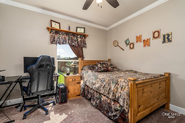 bedroom with ceiling fan, carpet floors, and ornamental molding