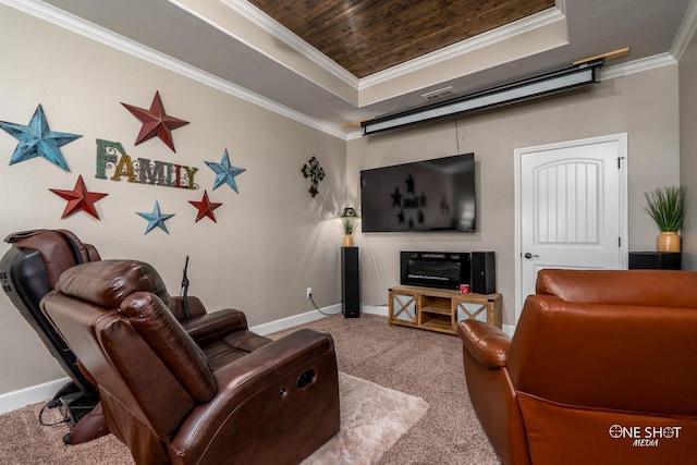 living room featuring carpet flooring, wood ceiling, crown molding, and a tray ceiling