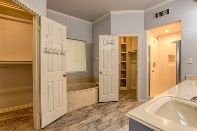 bathroom featuring vanity, ornamental molding, and plus walk in shower