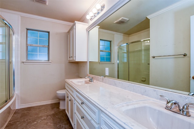 full bathroom with toilet, tile patterned floors, crown molding, vanity, and enclosed tub / shower combo