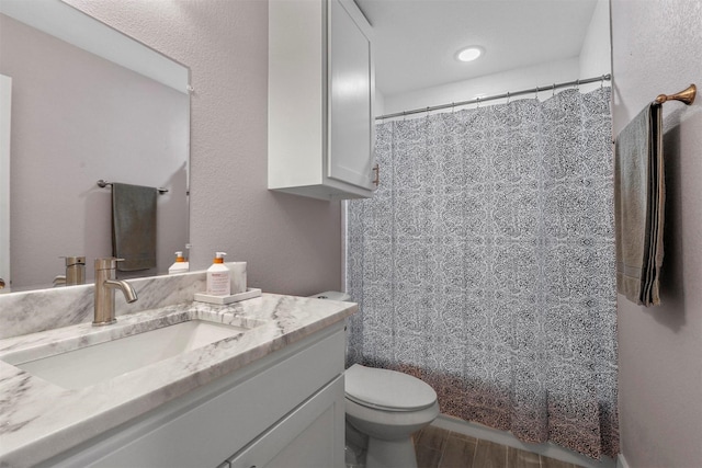 bathroom with vanity, toilet, and wood finished floors