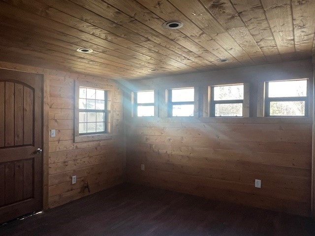 unfurnished room featuring plenty of natural light, wooden walls, dark hardwood / wood-style floors, and wood ceiling