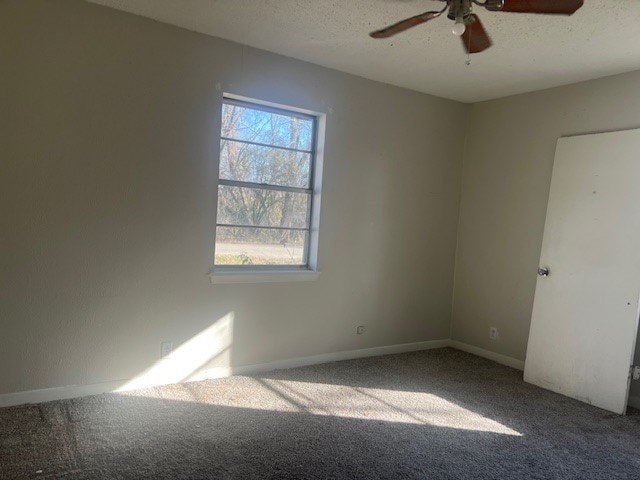 carpeted empty room with plenty of natural light, a textured ceiling, and ceiling fan