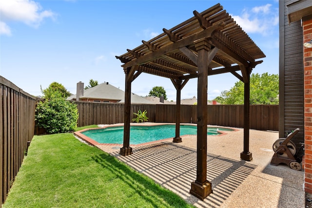 view of swimming pool with a pergola, a yard, and a patio