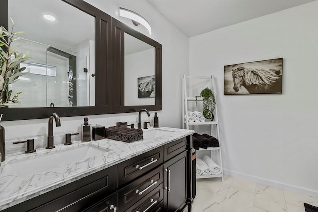 bathroom with tile patterned flooring, an enclosed shower, and vanity