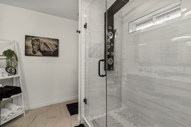 bathroom featuring tile patterned flooring and a shower with door