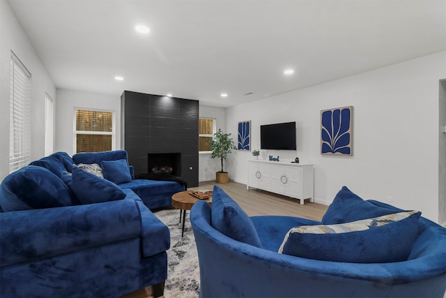 living room featuring a large fireplace and light hardwood / wood-style floors