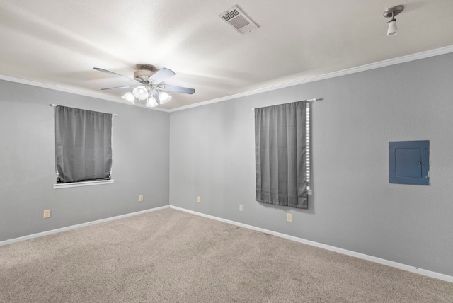 unfurnished room with electric panel, ceiling fan, and carpet flooring