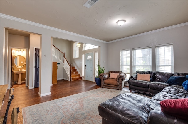 living room featuring wood-type flooring, sink, and ornamental molding