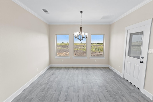 unfurnished dining area with light wood-type flooring, visible vents, baseboards, and a chandelier