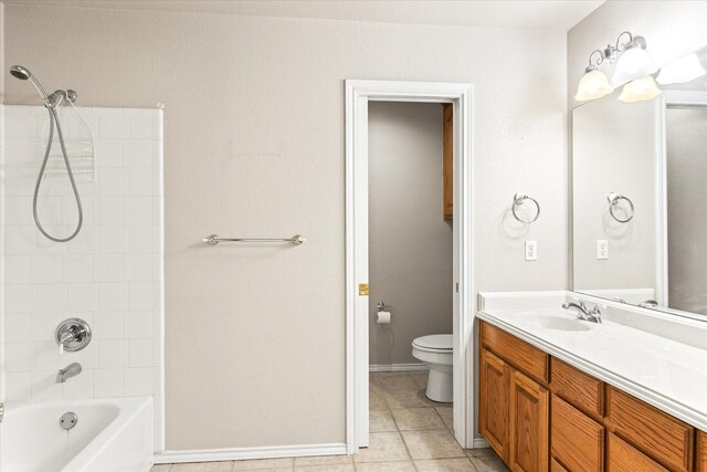 full bathroom featuring vanity, toilet, shower / bathtub combination, and tile patterned floors