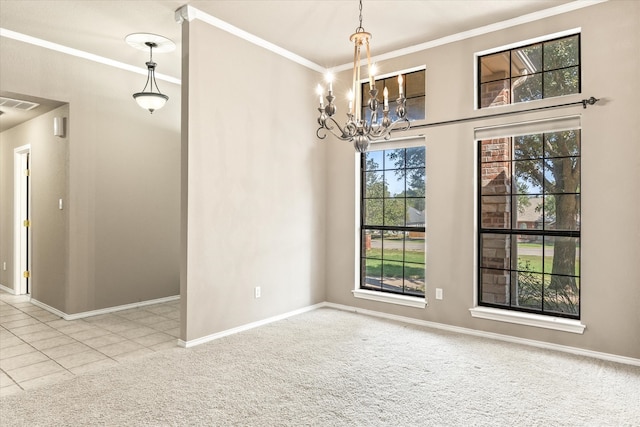 carpeted empty room with an inviting chandelier and crown molding