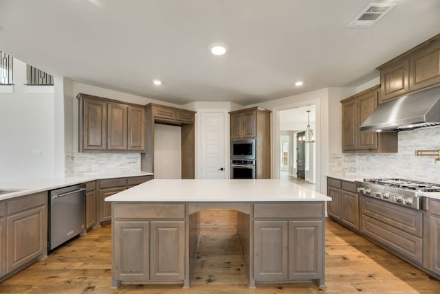 kitchen with stainless steel appliances, a kitchen island, tasteful backsplash, and exhaust hood