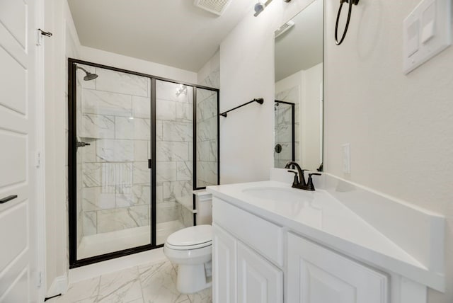 full bathroom with toilet, vanity, visible vents, marble finish floor, and a stall shower