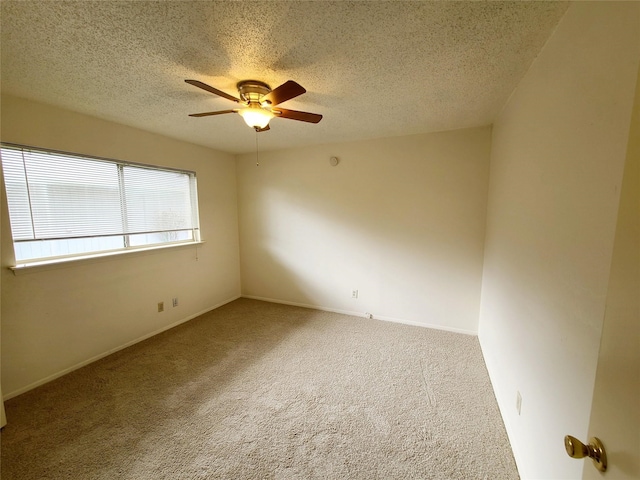 empty room featuring ceiling fan, carpet, and a textured ceiling