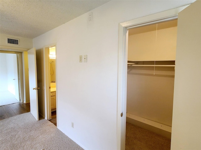 interior space featuring a closet, a textured ceiling, and carpet floors