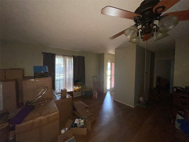 interior space featuring ceiling fan, a wealth of natural light, dark hardwood / wood-style floors, and a textured ceiling