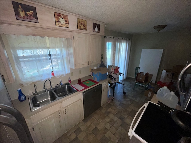 kitchen featuring sink, dishwasher, white cabinetry, and a textured ceiling