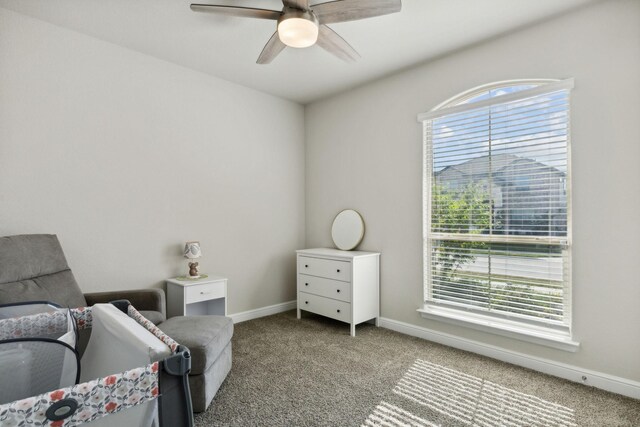 living area with carpet flooring, ceiling fan, and plenty of natural light