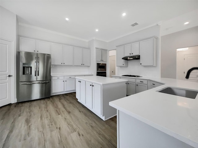 kitchen featuring light wood finished floors, visible vents, appliances with stainless steel finishes, a sink, and under cabinet range hood