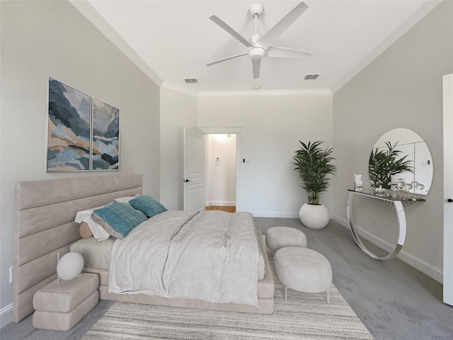 bedroom with carpet, visible vents, ornamental molding, ceiling fan, and baseboards