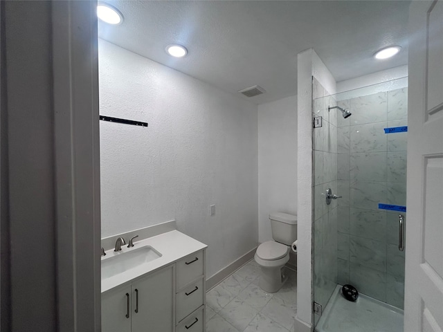 bathroom with an enclosed shower, toilet, and vanity