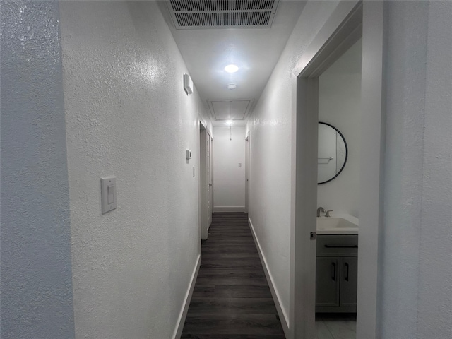 hallway featuring dark wood-type flooring and sink