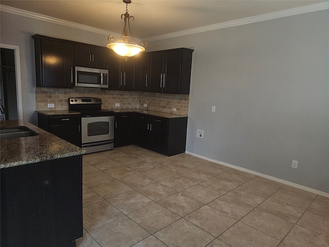 kitchen featuring sink, stone counters, appliances with stainless steel finishes, crown molding, and decorative backsplash