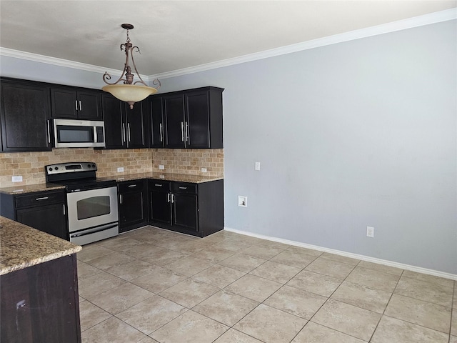 kitchen featuring light tile patterned flooring, hanging light fixtures, ornamental molding, stainless steel appliances, and decorative backsplash