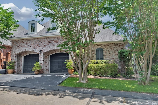 view of front of home featuring a garage, brick siding, driveway, and roof with shingles