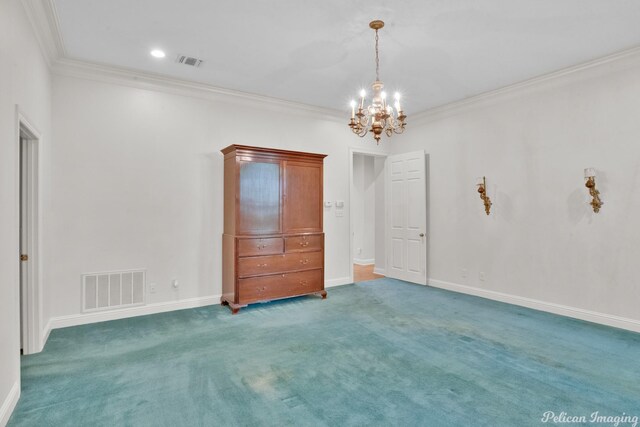 interior space featuring ornamental molding, a chandelier, and carpet