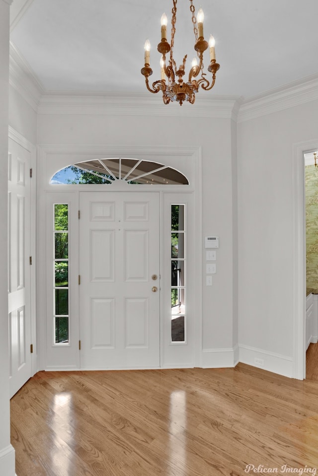 entrance foyer with ornamental molding, light hardwood / wood-style floors, and a healthy amount of sunlight