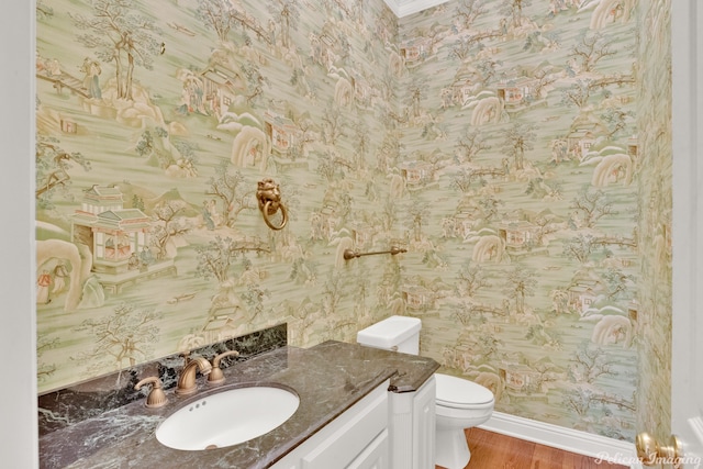 bathroom featuring wood-type flooring, toilet, and vanity