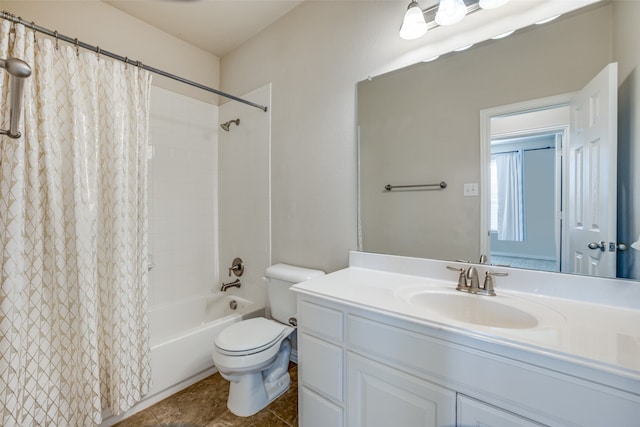 full bathroom with toilet, vanity, and shower / tub combo with curtain