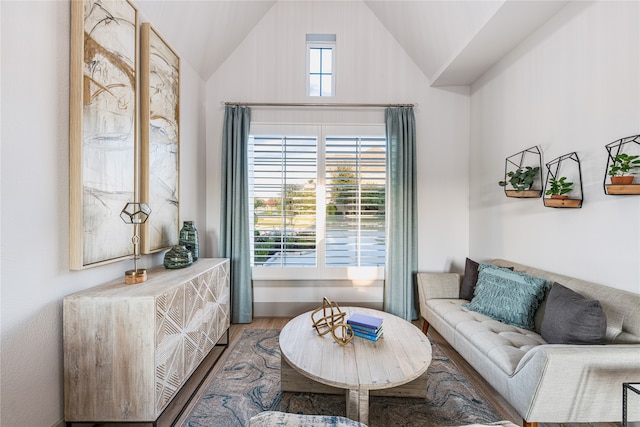 sitting room featuring hardwood / wood-style flooring and lofted ceiling