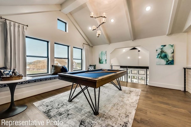 playroom featuring vaulted ceiling with beams, hardwood / wood-style flooring, a notable chandelier, and billiards