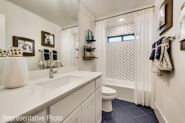 full bathroom featuring tile patterned flooring, vanity, shower / bath combo, and toilet