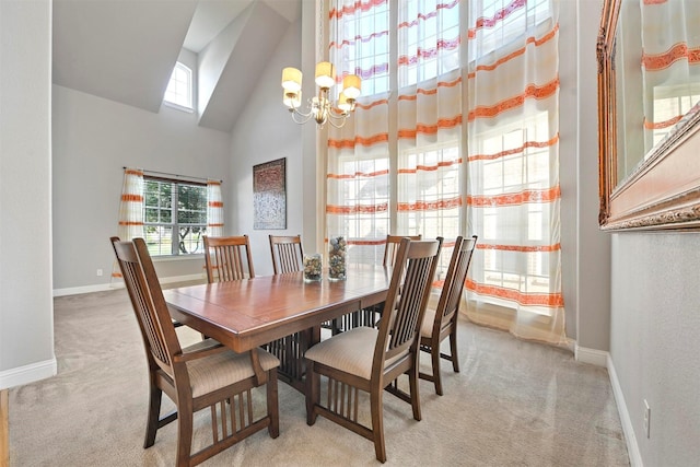 dining room with an inviting chandelier, stairs, wood finished floors, baseboards, and a high ceiling