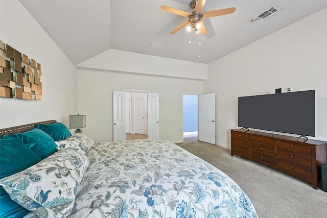 bedroom featuring light carpet, ceiling fan, and lofted ceiling