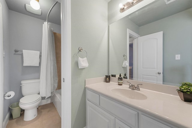 full bathroom featuring tile patterned flooring, vanity, shower / bath combination with curtain, and toilet