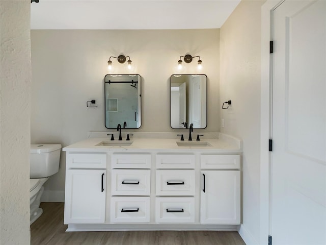 full bath with toilet, double vanity, baseboards, and a sink