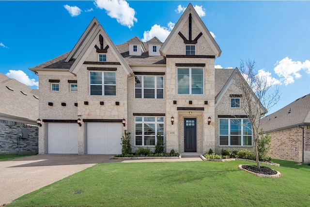 1029 Bleriot Dr, Fate, TX 75087 - view of front of home with stone siding, concrete driveway, an attached garage, a front lawn, and roof with shingles